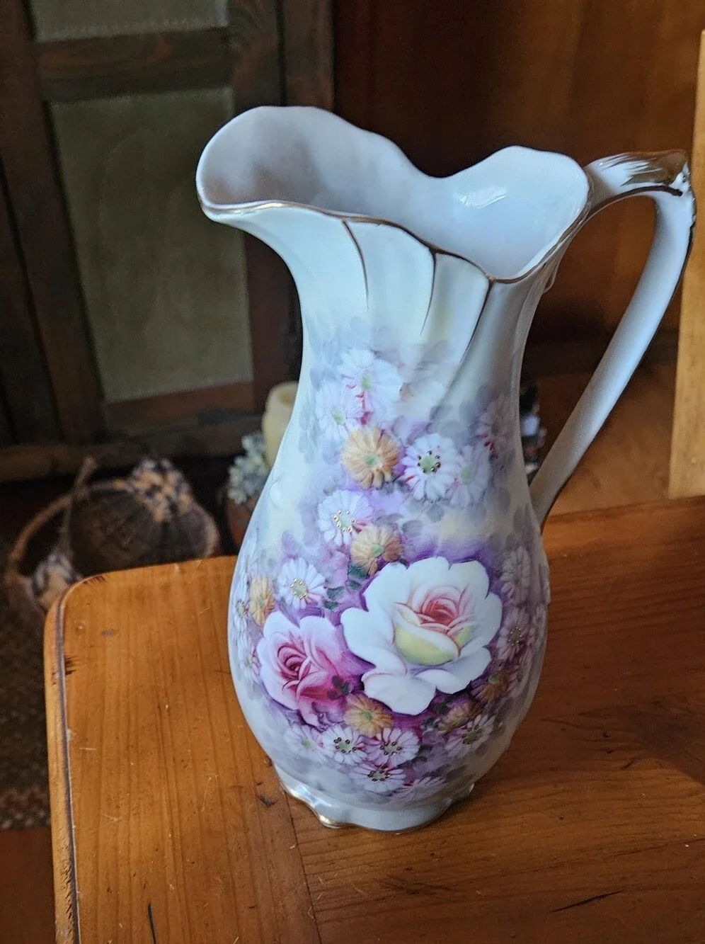 Vintage German Porcelain Floral Pitcher in Pink Purple, Yellow  With Gold Trim